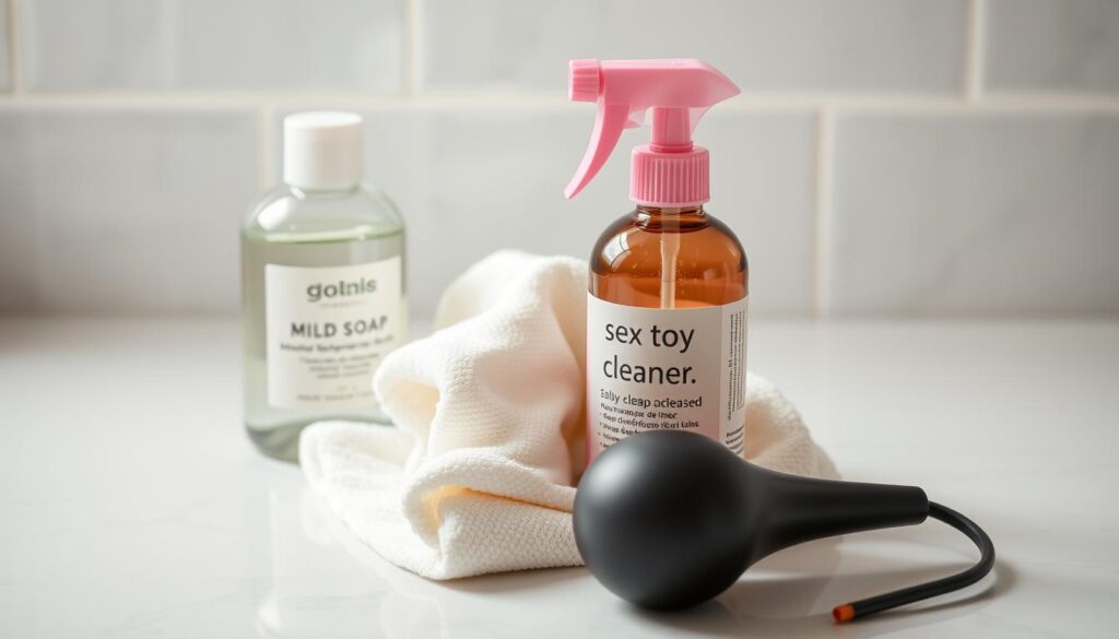 Cleaning supplies for sex toys including mild soap and a soft cloth Cleaning supplies for sex toys including mild soap and a soft cloth