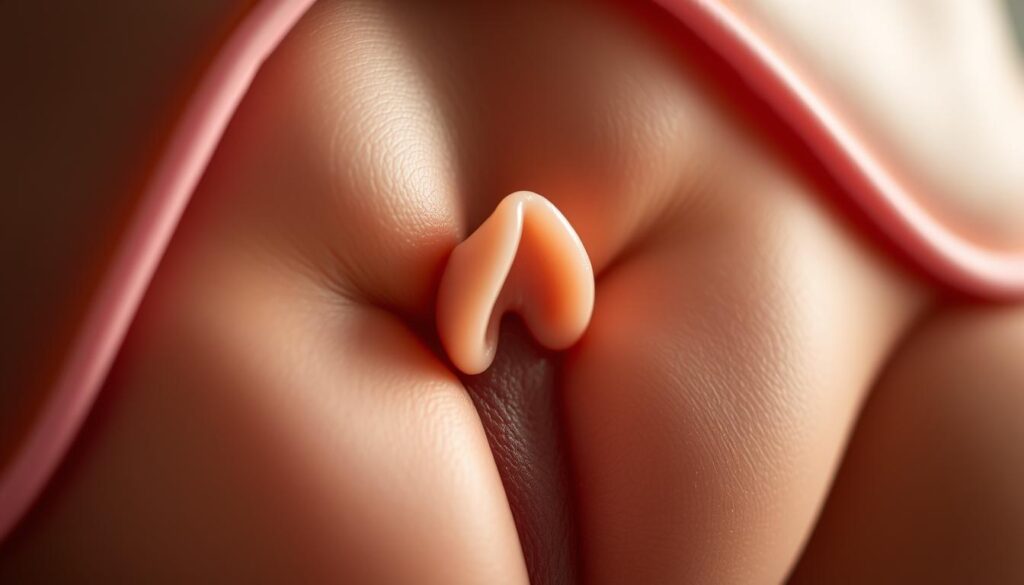 Clitoral stimulation techniques: A close-up view of a delicate vulva, its folds gently parted to reveal the sensitive clitoris at the apex. The lighting is soft, diffused, and flattering, creating an intimate, sensual atmosphere. The image is captured from a low angle, emphasizing the curves and textures of the erogenous zone. The focus is sharp on the clitoris, with its hood partially retracted, inviting gentle touch and exploration. The background is subtly blurred, keeping the attention on the subject matter. The overall mood is one of clinical yet artistic documentation, showcasing the nuances of female pleasure.