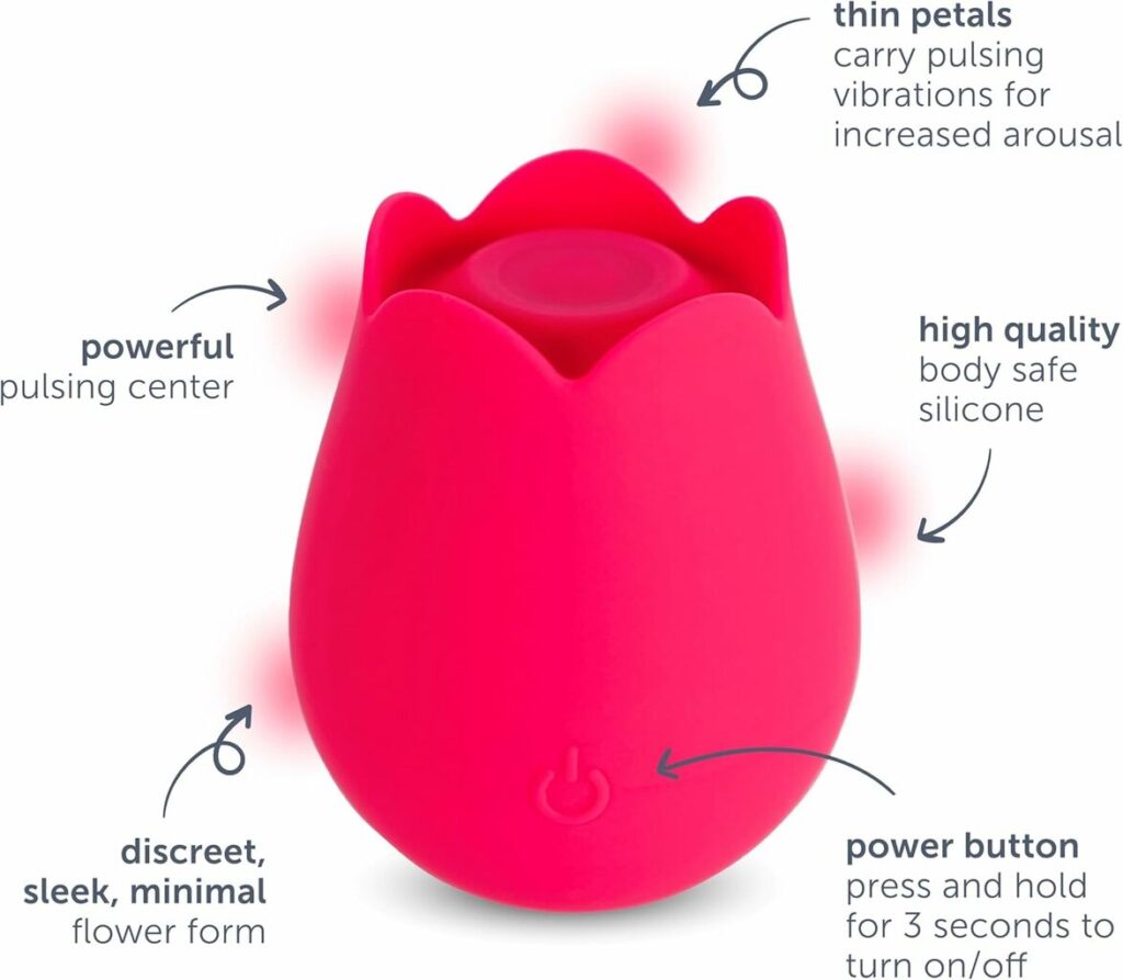 Close-up of the Plusone Rose Vibrator showing its detailed petal design and ergonomic grip Close-up of the Plusone Rose Vibrator showing its detailed petal design and ergonomic grip