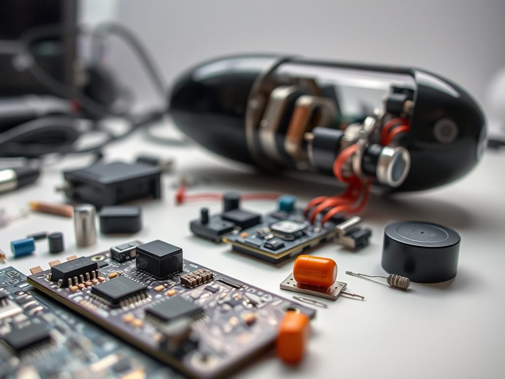 Close-up view of various electronic components and circuitry associated with remote-controlled sex toys. The foreground features a detailed arrangement of microchips, capacitors, resistors, and other miniature electronic parts. The middle ground showcases the internal structure and assembly of a disassembled vibrator or other intimate device, highlighting the complexity of its mechanisms. The background provides a clean, clinical workspace setting with soft lighting to emphasize the technical nature of the subject matter. The overall mood is one of precision, functionality, and thoughtful maintenance of these specialized electronic goods.