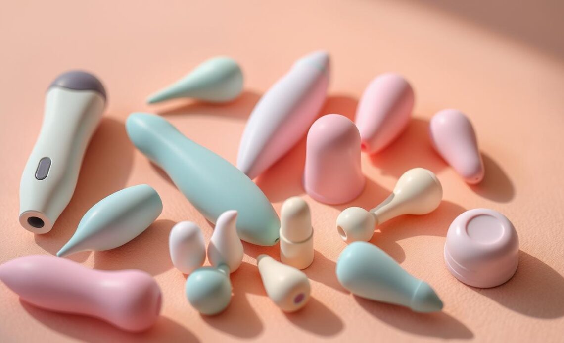 Closeup of a collection of modern, discreet sex toys arranged on a soft, warm-toned background. Sleek, minimalist designs in a variety of pastel hues, including small vibrators, silicone plugs, and other compact, body-safe pleasure objects. Careful lighting from the side creates alluring shadows and highlights the sensual curves. The arrangement has an elegant, aspirational feel, conveying the promise of fast, intense stimulation and release.