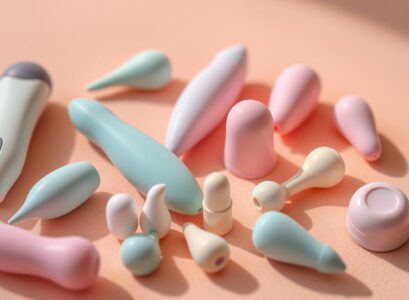 Closeup of a collection of modern, discreet sex toys arranged on a soft, warm-toned background. Sleek, minimalist designs in a variety of pastel hues, including small vibrators, silicone plugs, and other compact, body-safe pleasure objects. Careful lighting from the side creates alluring shadows and highlights the sensual curves. The arrangement has an elegant, aspirational feel, conveying the promise of fast, intense stimulation and release.
