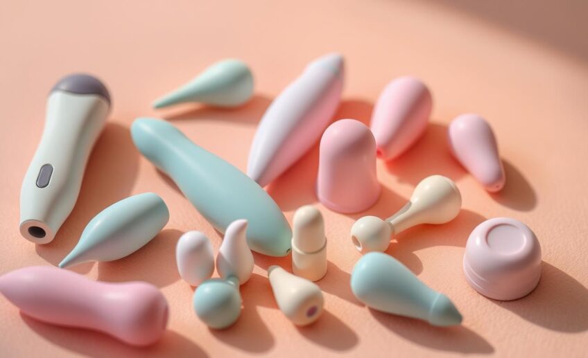 Closeup of a collection of modern, discreet sex toys arranged on a soft, warm-toned background. Sleek, minimalist designs in a variety of pastel hues, including small vibrators, silicone plugs, and other compact, body-safe pleasure objects. Careful lighting from the side creates alluring shadows and highlights the sensual curves. The arrangement has an elegant, aspirational feel, conveying the promise of fast, intense stimulation and release.
