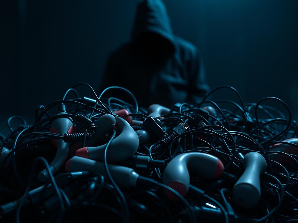 Connected sex toys security: A dark, ominous scene of tangled cords and circuits, symbolizing the vulnerability of intimate devices. In the foreground, a jumble of various sex toys, their sleek exteriors concealing the complex electronics within. Winding through them, a network of data cables and Bluetooth connections, suggesting the potential for hacking and surveillance. In the background, a shadowy figure lurking, their presence looming over the scene, emphasizing the privacy and security risks associated with connected intimate technologies. The image is bathed in a cool, bluish tone, creating an atmosphere of unease and foreboding.