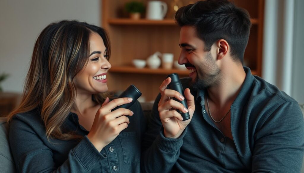 Couple in a position that facilitates vibrator play