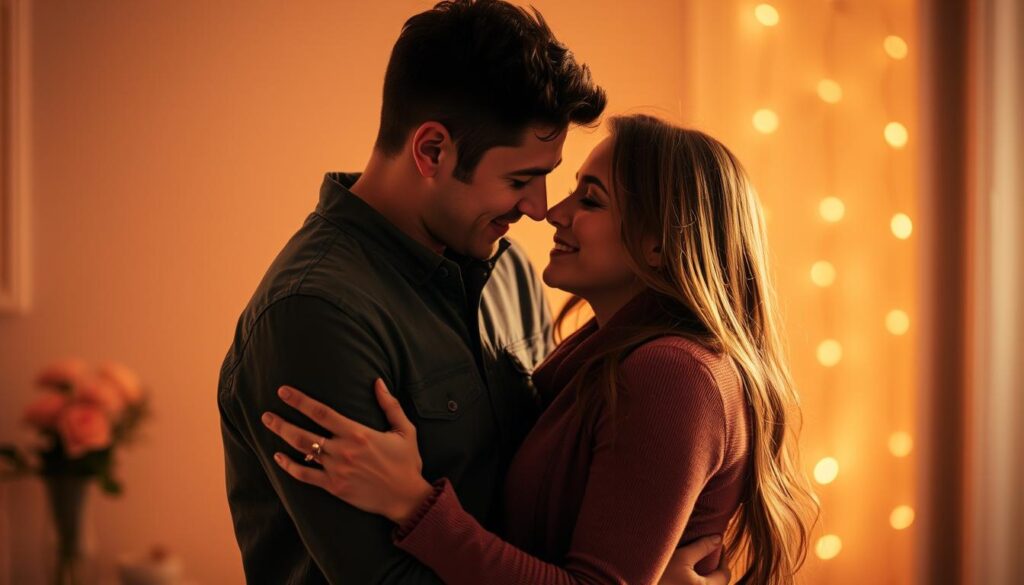 Couple intimately embracing, gazing into each other's eyes with tender affection. Soft, warm lighting casts a romantic glow, creating an atmosphere of deep connection and understanding. Their expressions convey a sense of openness, vulnerability, and profound emotional intimacy. The background is blurred, placing the focus entirely on the partners' connection. The embrace is captured from a slightly elevated angle, emphasizing the closeness and vulnerability of the moment. The overall mood is one of profound emotional intimacy, trust, and profound communication between the two individuals.