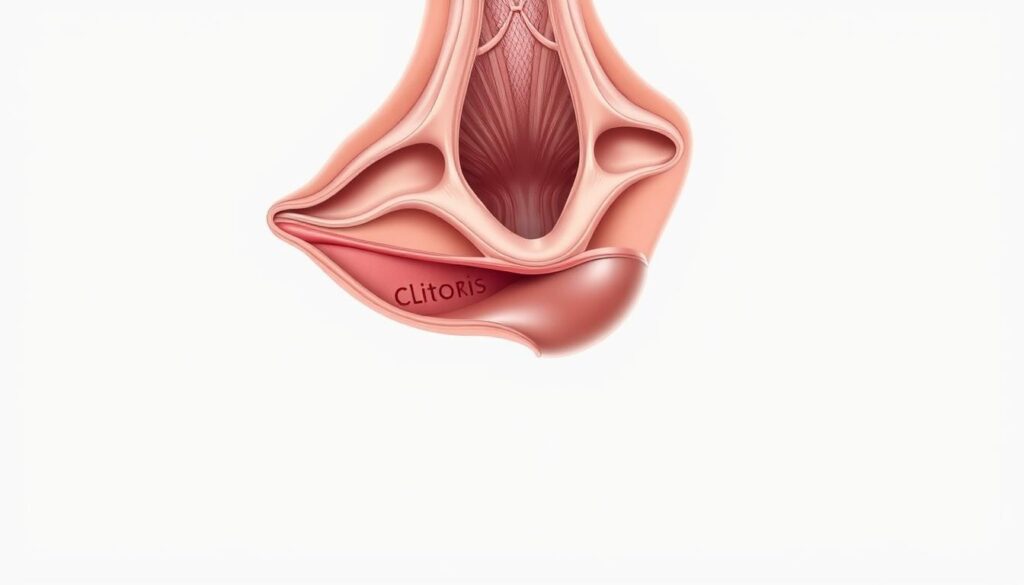 Detailed, anatomically accurate illustration of the clitoris and surrounding female genital anatomy. Crisp, high-resolution image with a scientific, clinical aesthetic. Soft, neutral lighting that highlights the intricate, delicate structures. View from a slight side angle, with the clitoris prominently featured in the center. Subtle shading and cross-sectional perspective to convey depth and volume. Neutral, muted color palette with shades of pink, red, and flesh tones. Clean, minimalist background that puts the anatomical details in focus. Precise, technical depiction suitable for educational and medical purposes.