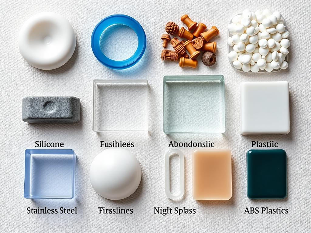 Detailed comparison of non-porous materials commonly used in sex toys, showcased on a neutral seamless background. Crisp, high-resolution imagery captured with a macro lens and balanced studio lighting to highlight the textures, finishes, and visual properties of each material. Silicone, stainless steel, borosilicate glass, and ABS plastic samples displayed in an orderly grid layout, allowing for close inspection and side-by-side analysis. Convey a sense of scientific objectivity and educational intent, avoiding overt sexualization.