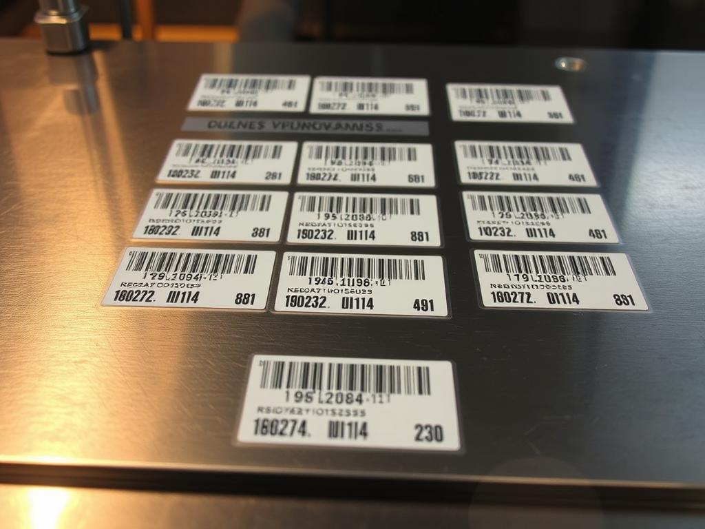 Detailed product-batch-codes neatly arranged on a metal surface, with a clean and industrial aesthetic. The codes are clearly legible, creating a sense of organization and attention to detail. The lighting is directional, casting gentle shadows that add depth and dimension to the scene. The camera angle is slightly elevated, providing an overview of the product information. The mood is one of efficiency and professionalism, conveying a sense of quality control and attention to safety protocols.