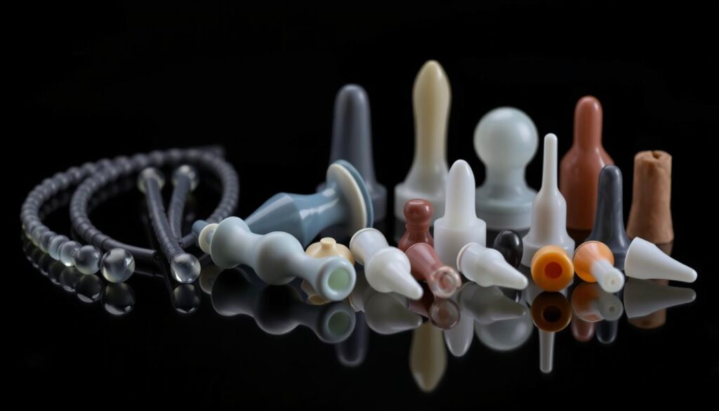 Detailed still life arrangement depicting a collection of sex toys, including slender anal beads and various silicone butt plugs in an assortment of sizes and shapes. The objects are elegantly arranged on a dark, reflective surface, illuminated by soft, flattering lighting to accentuate their contours and textures. The overall mood is clinical yet sensual, emphasizing the practical, functional nature of these intimate pleasure devices. The composition is balanced and visually striking, allowing the viewer to closely examine and compare the distinct characteristics of anal beads and butt plugs.