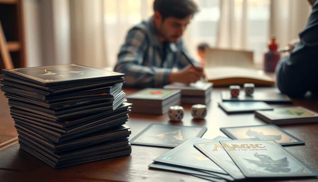 Detailed still life capturing the contrast between competitive and casual magic playing cards. In the foreground, a stack of glossy, high-quality tournament decks with intricate artwork and foil accents. In the middle ground, a casual gameplay setup with worn, well-loved cards, dice, and a rulebook. The background fades into a softly-lit tabletop, conveying a sense of focus and intensity for the competitive scene, juxtaposed with the relaxed, approachable atmosphere of casual play. Lighting is warm and natural, with subtle reflections across the card surfaces. The overall composition emphasizes the spectrum of Magic: The Gathering experiences, from elite tournament gameplay to welcoming kitchen-table sessions.