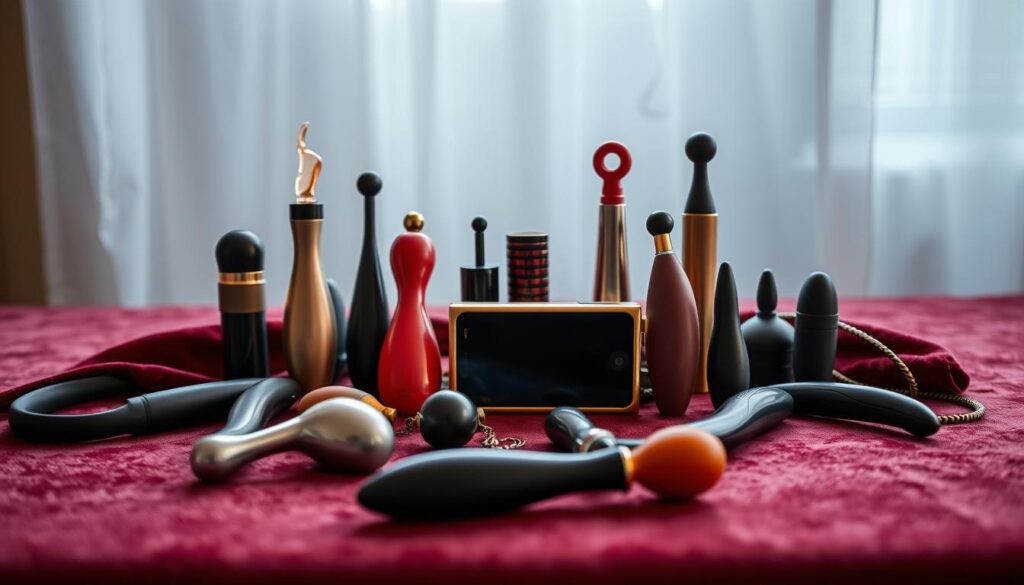 Detailed still life composition of a collection of sex toys arranged on a velvet-draped table, bathed in soft, diffused lighting that highlights their sleek, modern design. The toys are placed in a visually appealing arrangement, with various shapes, textures, and colors creating a sensual, inviting atmosphere. The background is blurred, drawing the viewer's focus to the carefully curated selection of intimate objects. The lighting is warm and low-key, evoking a sense of intimacy and sensuality. The camera angle is slightly elevated, allowing for a comprehensive view of the tableau.