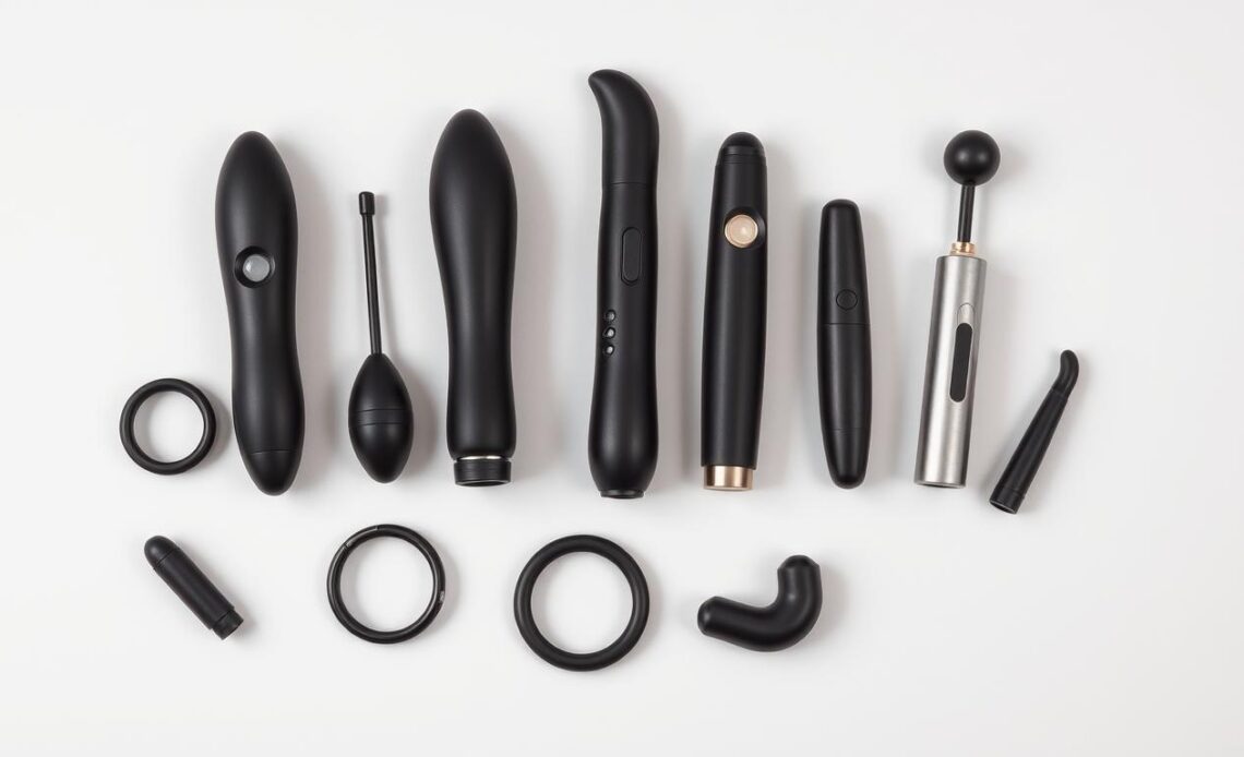 Different types of male vibrators including penis rings, wand attachments, and sleeve vibrators