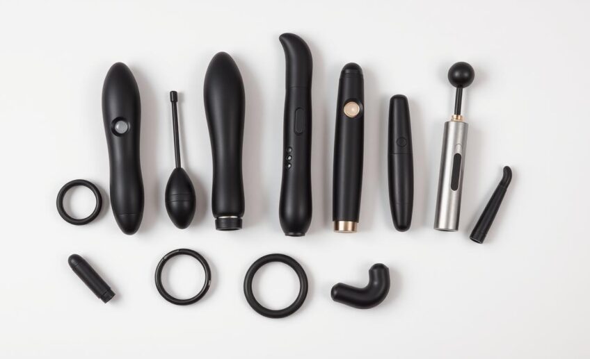 Different types of male vibrators including penis rings, wand attachments, and sleeve vibrators