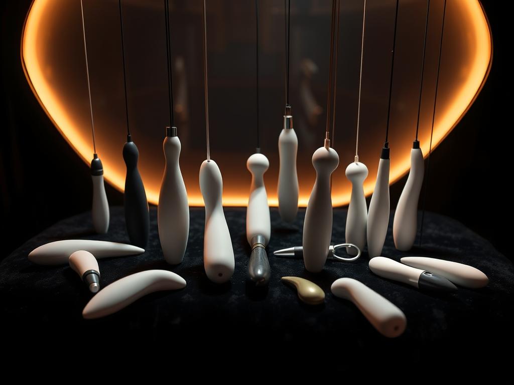 Elegant, streamlined adult novelty products suspended in a dimly lit, luxurious setting. An array of high-tech remote-controlled anal toys, meticulously crafted with smooth, seamless silicone in a range of alluring shapes and sizes. The items are arranged on a plush black velvet surface, casting subtle shadows and reflecting the soft, warm lighting overhead. The lighting creates an intimate, sensual atmosphere, highlighting the sleek, modern designs of the toys. The scene exudes a sense of discretion, quality, and advanced functionality, suitable for experienced users seeking discreet, sophisticated anal play.