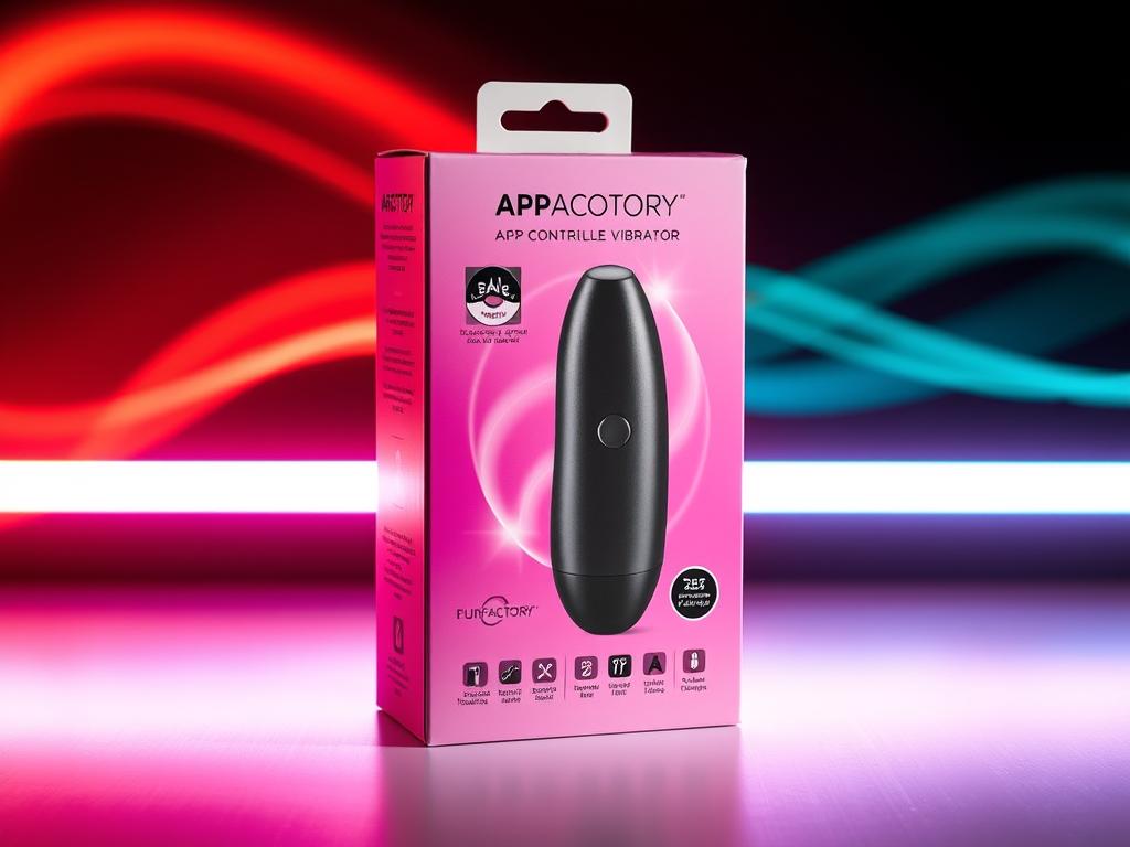 Generate an image of Fun Factory's app-controlled vibrator packaging, showcasing the sleek design and highlighting the innovative features.