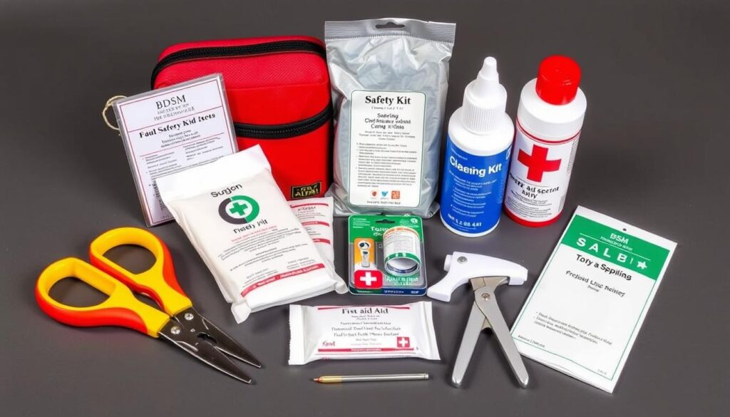 Generate an image of a BDSM safety kit containing safety shears, first aid supplies, and toy cleaning materials.