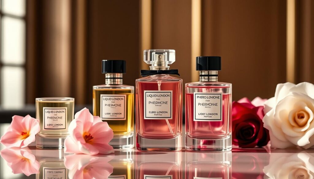 Generate an image of a Liquid London's Pheromone Parfum Collection with a sophisticated design, highlighting its complex fragrance notes and the use of Iso E Super.