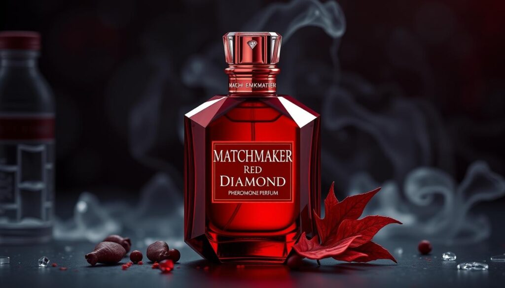 Generate an image of a Matchmaker Red Diamond Pheromone Perfume bottle with a luxurious design, emphasizing its premium packaging and a hint of spicy fragrance notes.