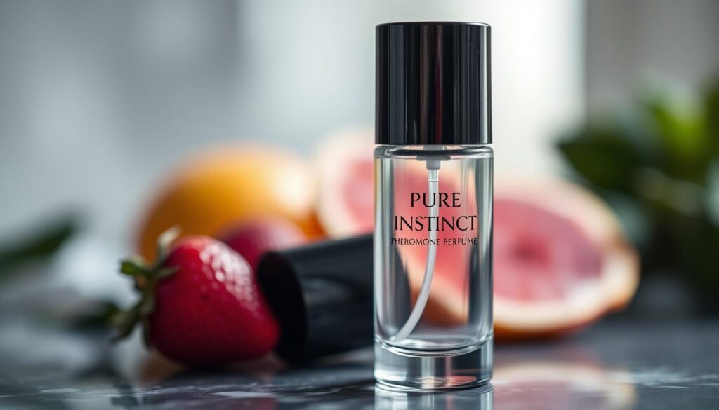 Generate an image of a Pure Instinct Pheromone Perfume Roll-On bottle with a sleek design, highlighting its roll-on applicator and a subtle background hinting at its fruity scent.