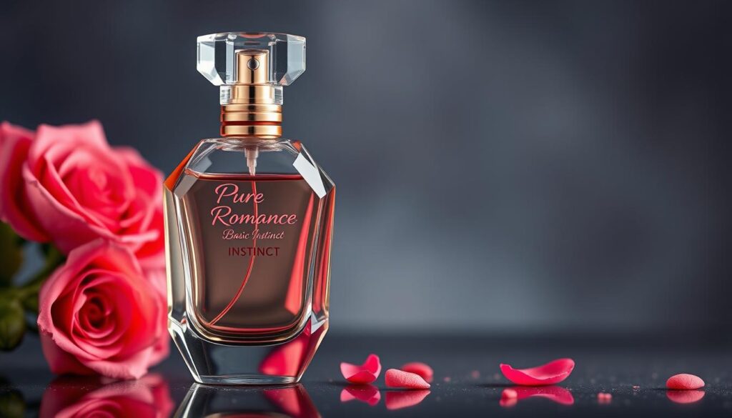 Generate an image of a Pure Romance Basic Instinct perfume bottle with a romantic design, highlighting its sweet and alluring fragrance notes.