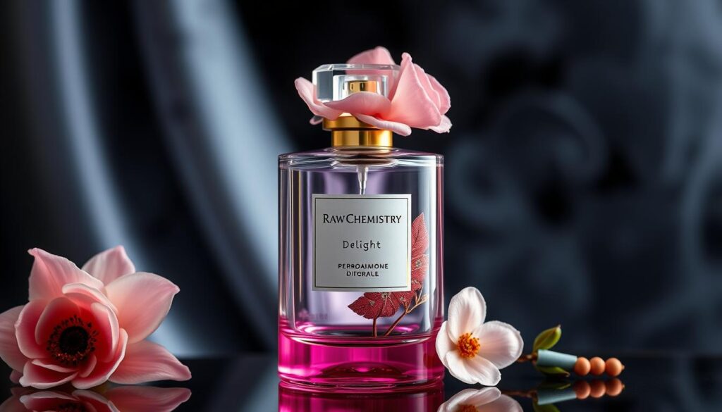 Generate an image of a RawChemistry Delight perfume bottle with a natural and floral design, emphasizing its pheromone-infused formula and botanical notes.