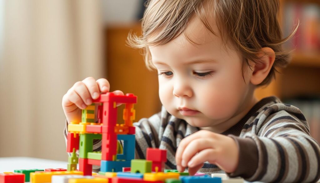 Generate an image of a child engaged in quiet building activity with magnetic blocks.