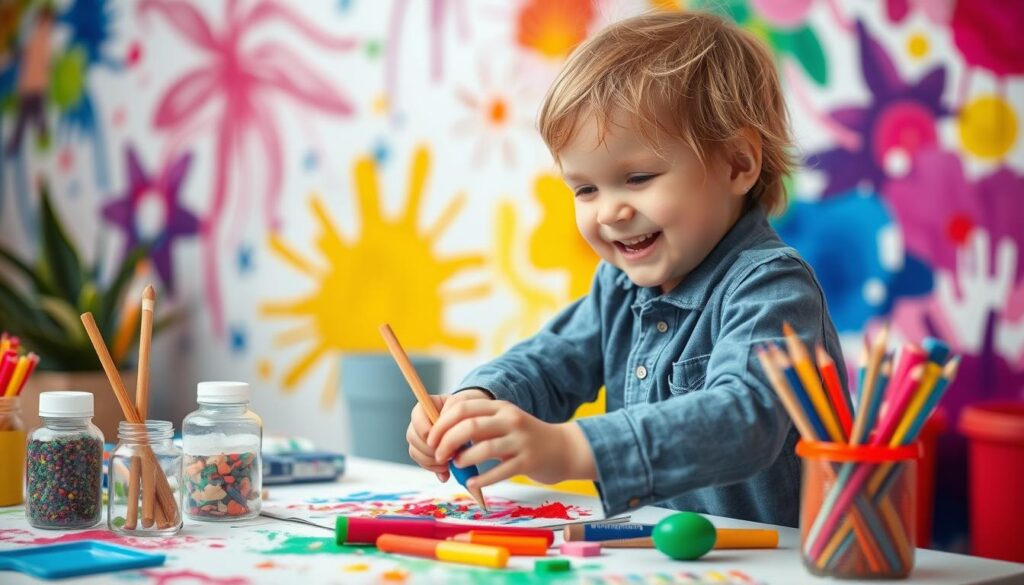 Generate an image of a child happily creating art with mess-free supplies