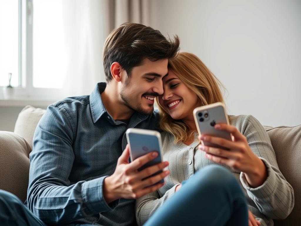 Generate an image of a couple in a long-distance relationship using a customizable app vibrator together virtually.