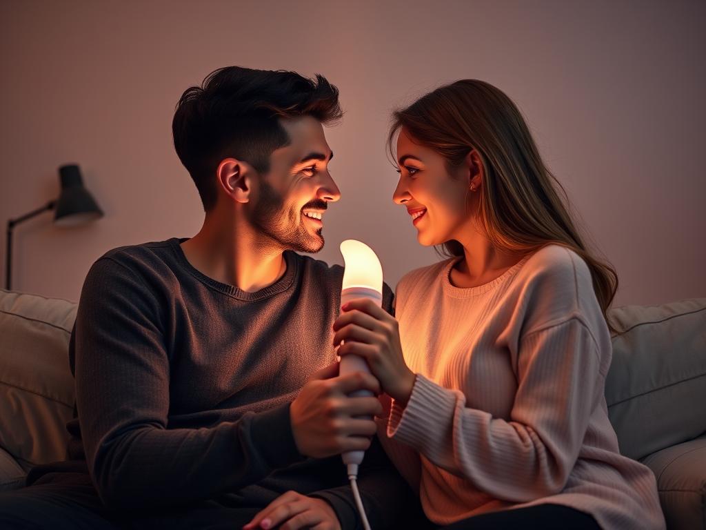 Generate an image of a couple in a long-distance relationship using a suction toy together remotely.