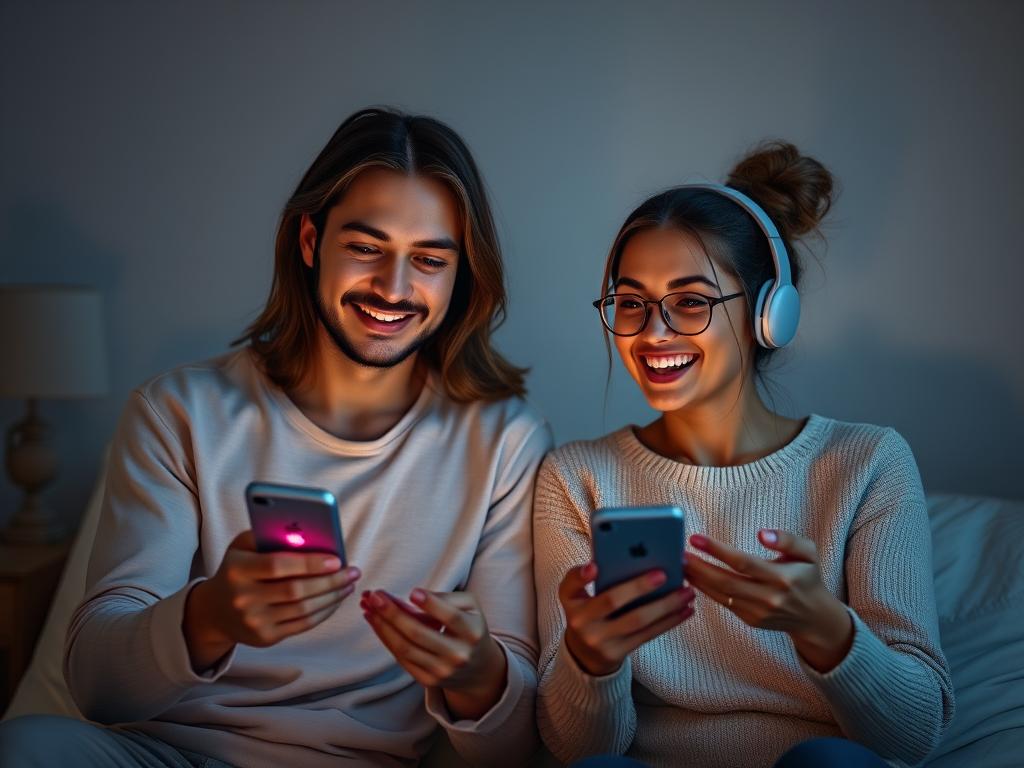 Generate an image of a couple in a long-distance relationship using app-controlled anal toys together.