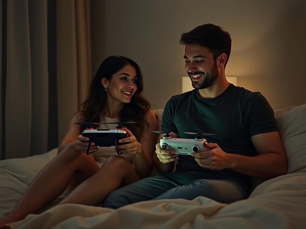 Generate an image of a couple in a long-distance relationship using remote sex toys.