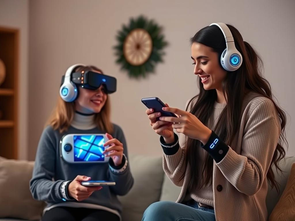 Generate an image of a couple in a long-distance relationship using wearable app-controlled toys.