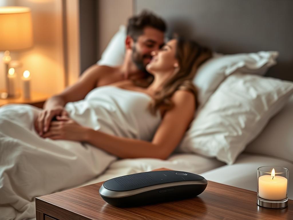 Generate an image of a couple in an intimate setting with a sleek, app-controlled vibrator on a bedside table.