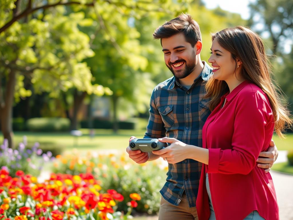 Generate an image of a couple using a remote-controlled toy together.