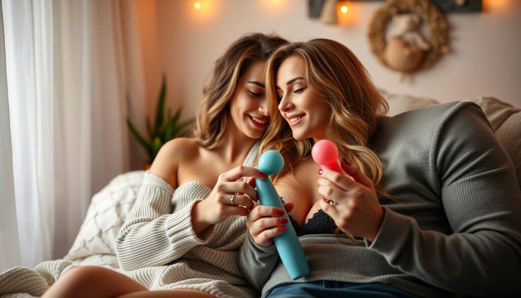 Generate an image of a couple using mutual masturbation toys together.