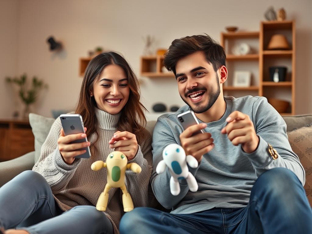 Generate an image of a couple using synchronized app-controlled toys during a video call.