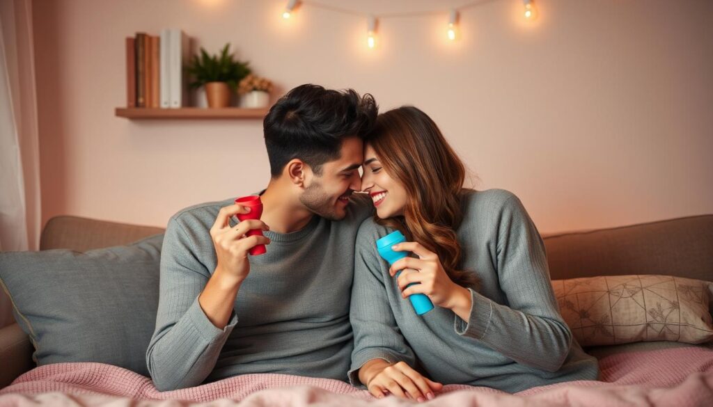 Generate an image of a couple using syncing sex toys together.