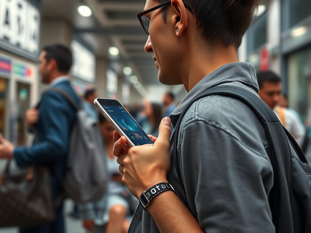 Generate an image of a discreet, app-controlled vibrator being used in a public setting.