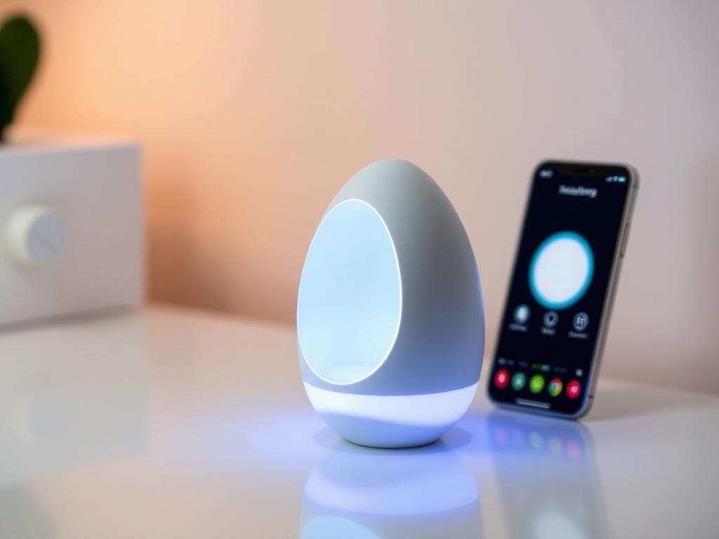 Generate an image of a discreet, oval-shaped egg vibrator with a sleek design and a smartphone app interface.