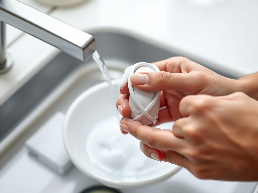 Generate an image of a person cleaning an app-controlled vibrator with soap and water.