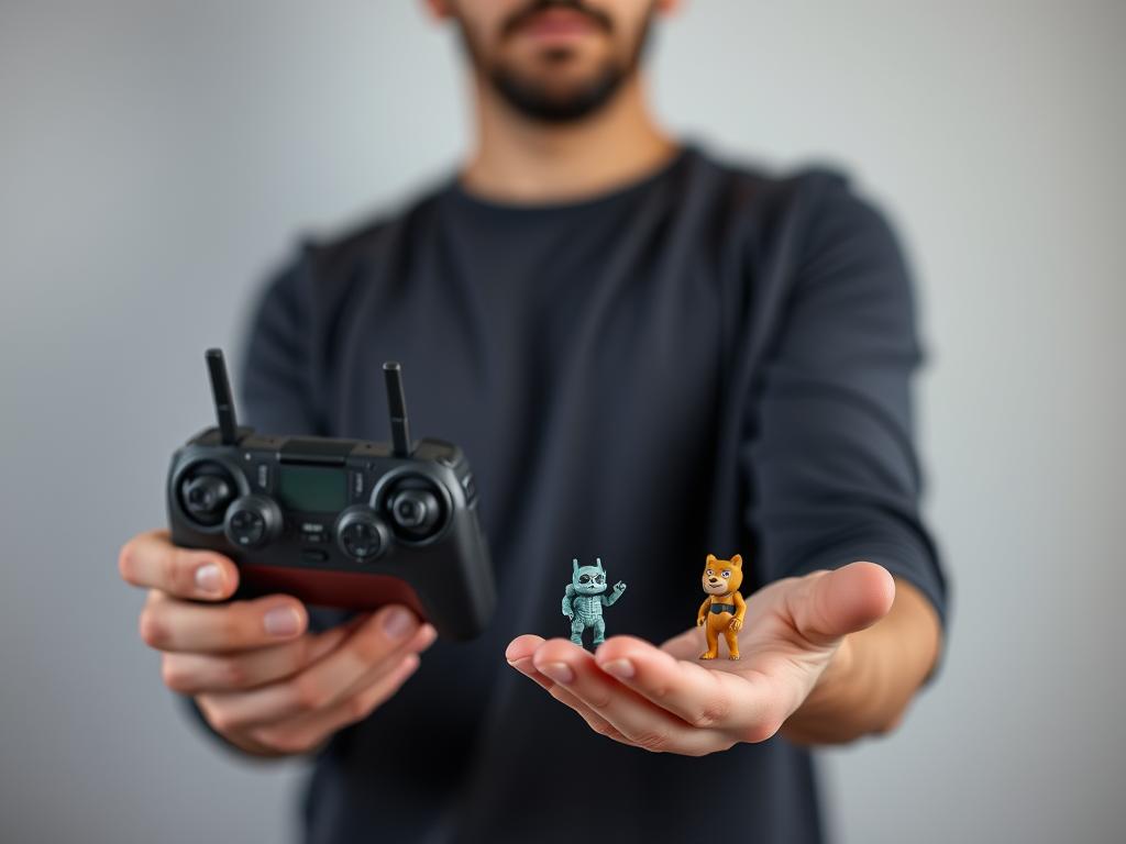 Generate an image of a person holding a remote control and a discreet toy