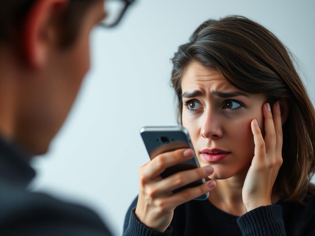 Generate an image of a person holding a smartphone with an app-controlled vibrator connected, with a puzzled expression.