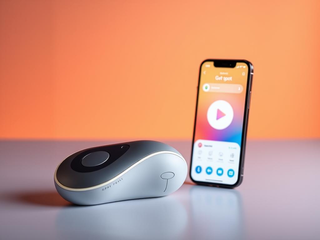 Generate an image of a sleek, curved G-spot vibrator with a smartphone app interface in the background.