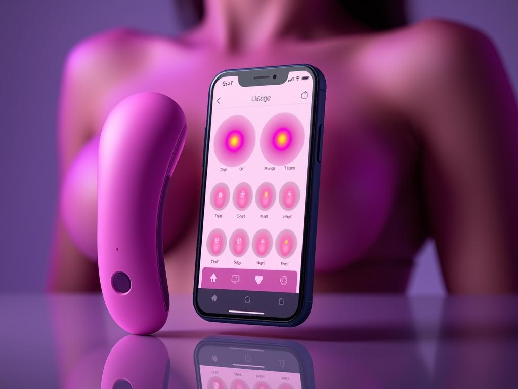 Generate an image of a sleek, modern clitoral stimulator with a smartphone app open on the screen, showing various stimulation patterns.