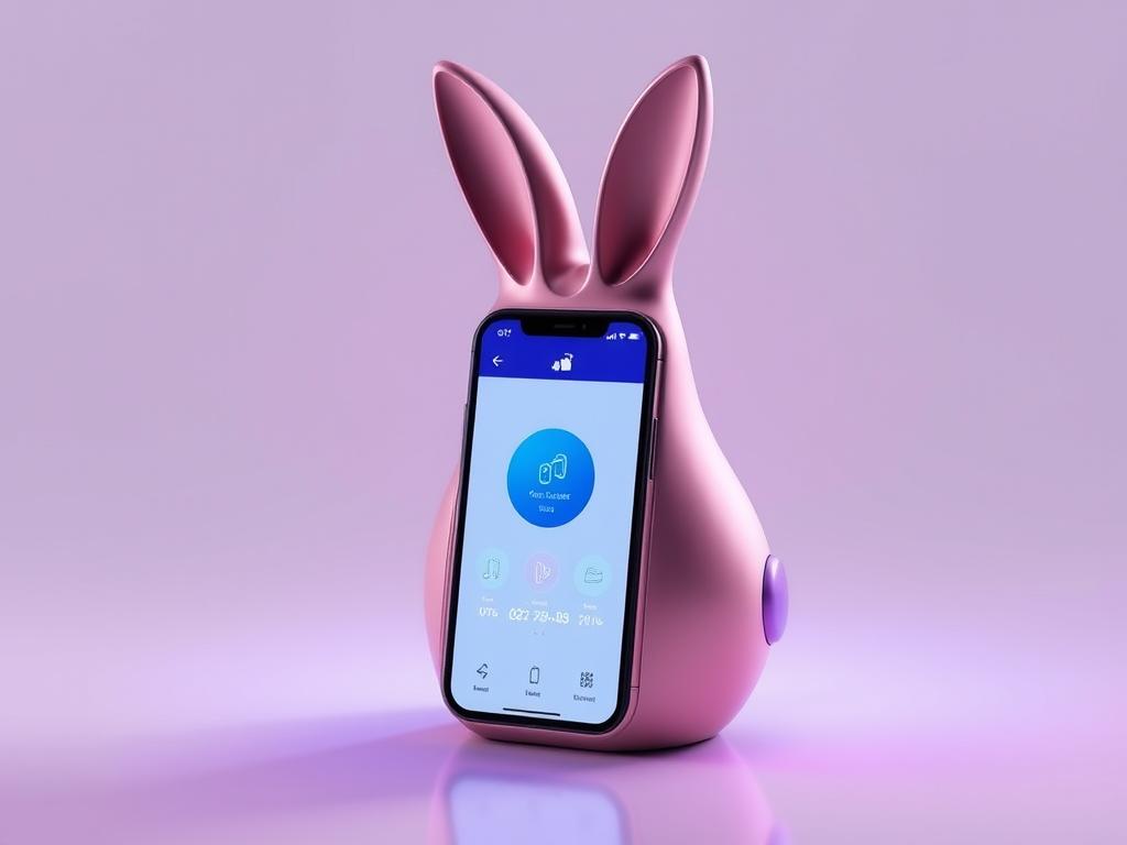 Generate an image of a sleek, modern rabbit vibrator with a smartphone app interface on the screen.