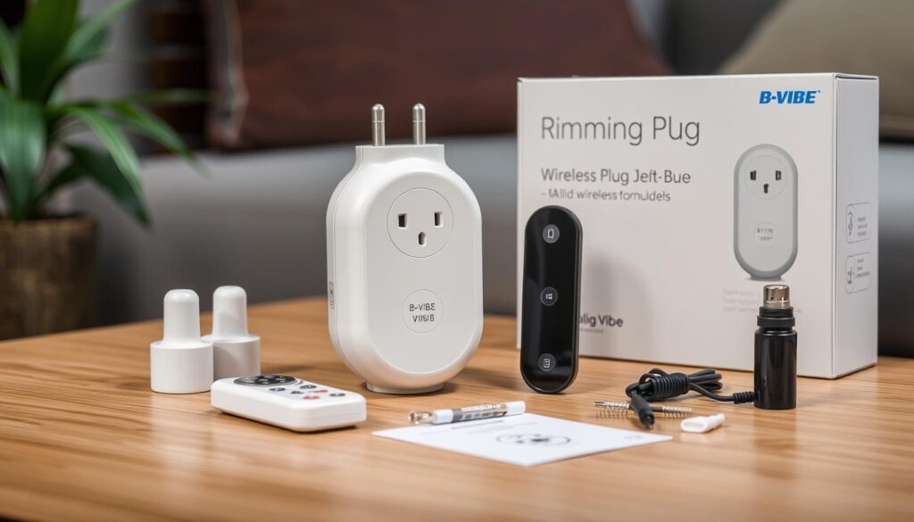 Generate an image of the B-Vibe Rimming Plug with its wireless remote and accessories.