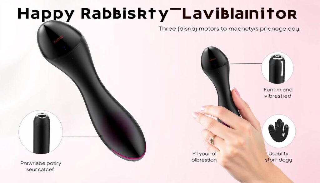 Generate an image of the Happy Rabbit Triple Curve Vibrator, highlighting its three separate motors and multiple vibration settings.