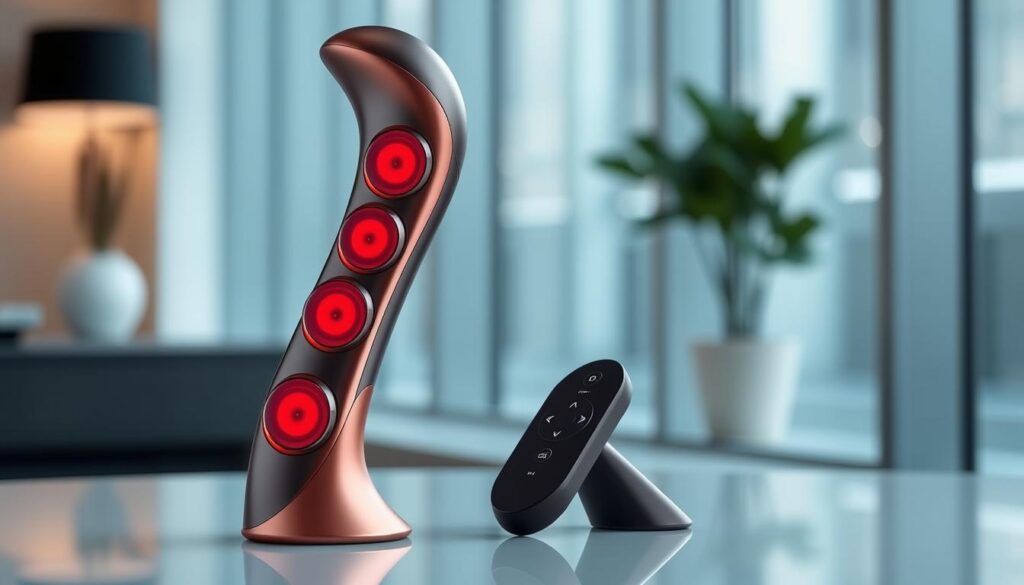 Generate an image of the KIIROO Titan, a high-tech stroker with multiple vibrators and a remote control.