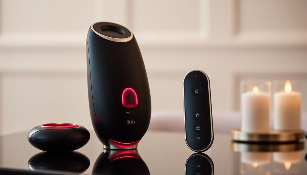 Generate an image of the Lelo Hugo2 prostate massager with its motion-controlled remote.